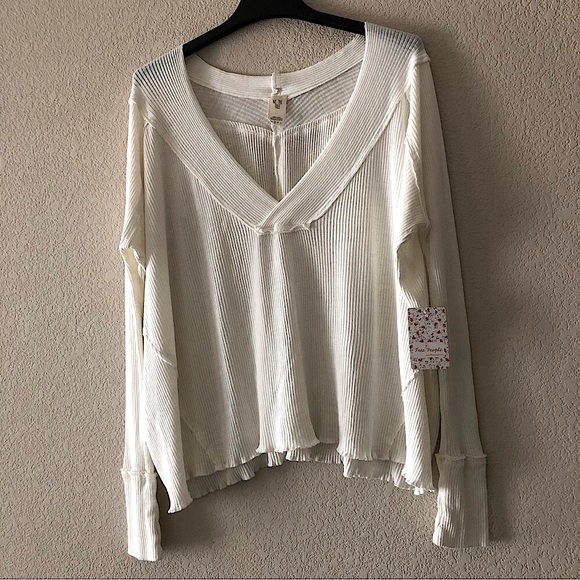 Free People We The Free Ivory Long Sleeve Cotton V Neck Top - Picture 8 of 16